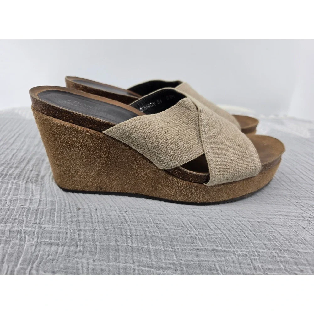 Donald J Pliner Womens 8.5M Beige Fabric Crisscross Suede Wedge Sandals Spain